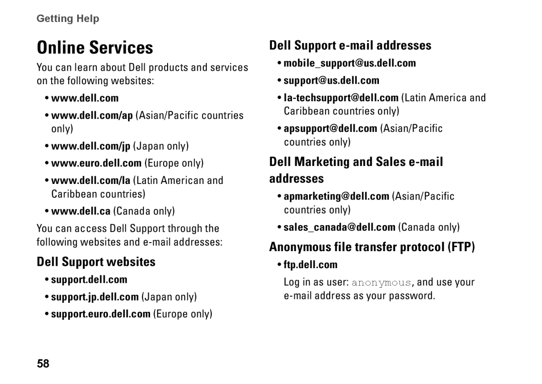 Dell P04E001, J5MFN setup guide Online Services, Dell Support websites, Dell Support e-mail addresses 