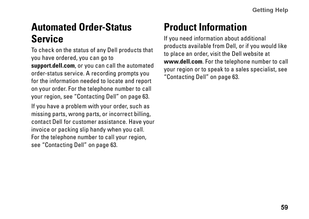 Dell P04E001, J5MFN setup guide Product Information, Automated Order-Status Service 