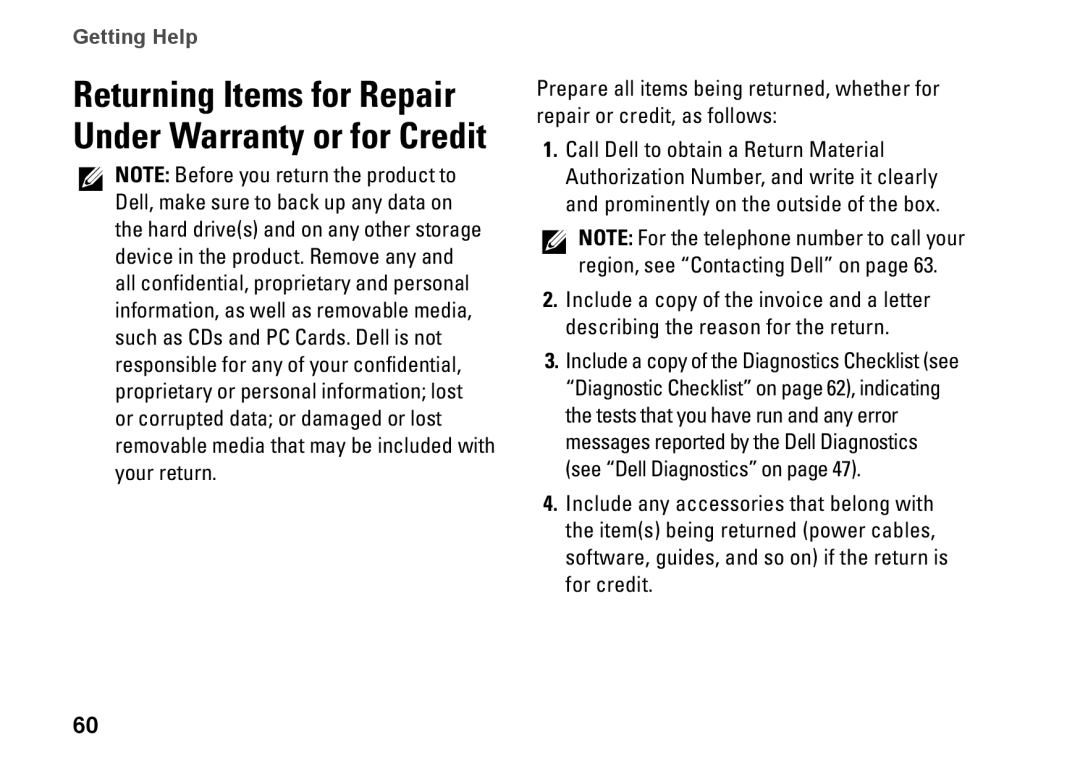 Dell J5MFN, P04E001 setup guide Returning Items for Repair Under Warranty or for Credit 