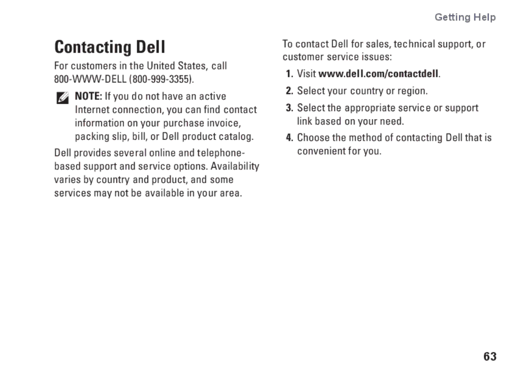 Dell J5MFN, P04E001 setup guide Contacting Dell, For customers in the United States, call 800-WWW-DELL 