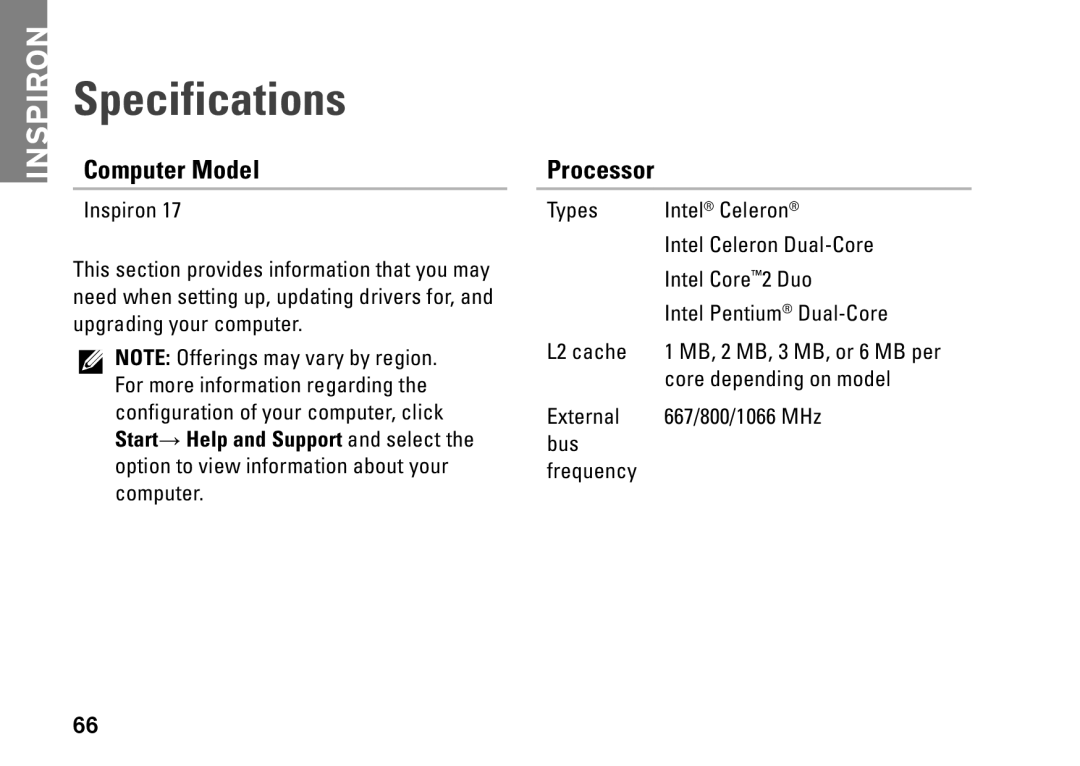 Dell J5MFN, P04E001 setup guide Specifications, Computer Model, Processor 