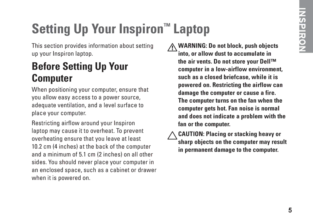 Dell P04E001, J5MFN setup guide Setting Up Your Inspiron Laptop, Before Setting Up Your Computer 