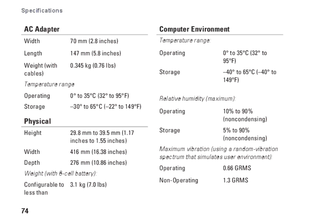 Dell P04E001, J5MFN setup guide Physical, Computer Environment 