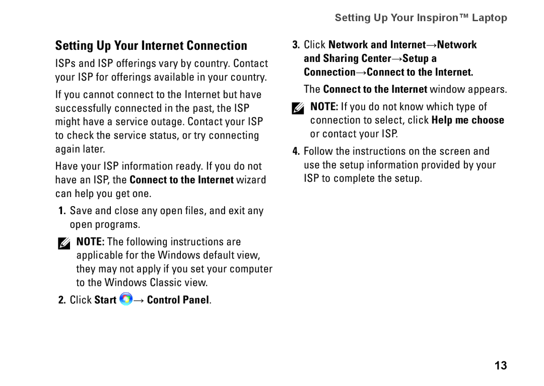 Dell G374R Setting Up Your Internet Connection, Click Start → Control Panel, Connect to the Internet window appears 