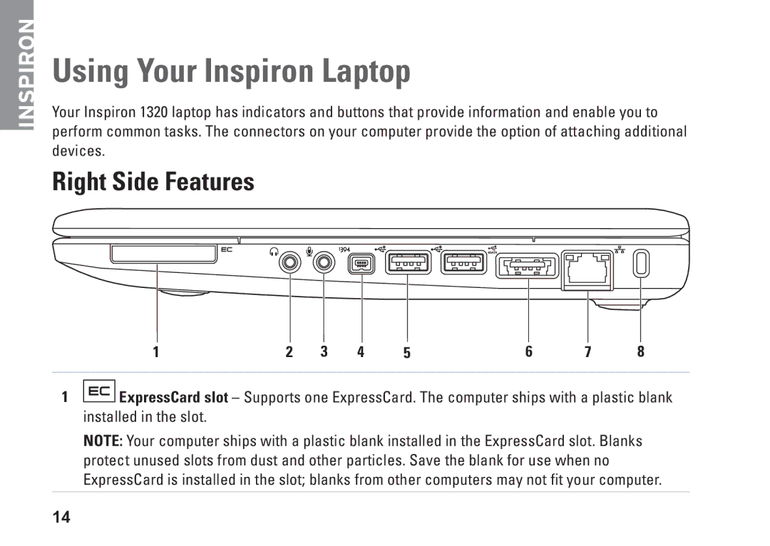 Dell P04S series, G374R setup guide Using Your Inspiron Laptop, Right Side Features 