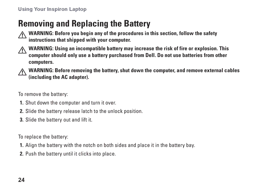 Dell P04S series, G374R setup guide Removing and Replacing the Battery 