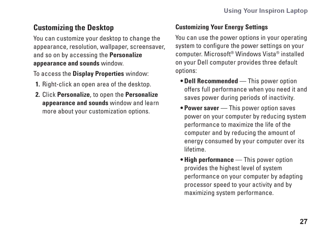 Dell G374R, P04S series setup guide Customizing the Desktop, Customizing Your Energy Settings 