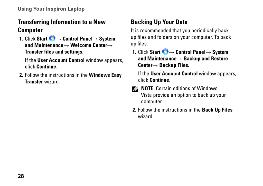 Dell P04S series, G374R setup guide Transferring Information to a New Computer, Backing Up Your Data 