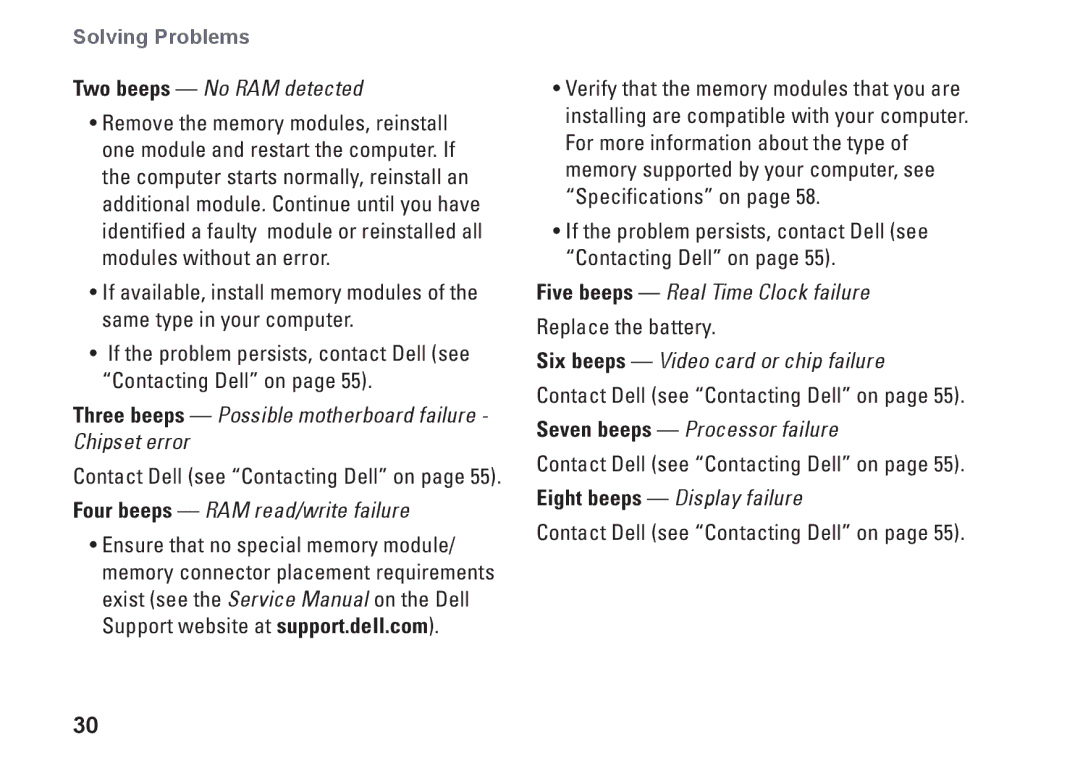 Dell P04S series, G374R setup guide Two beeps No RAM detected, Three beeps Possible motherboard failure Chipset error 