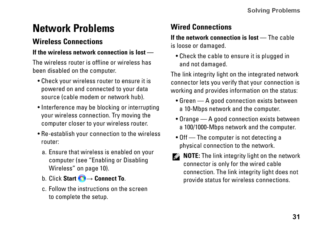 Dell G374R, P04S series setup guide Network Problems, Wireless Connections, Wired Connections 