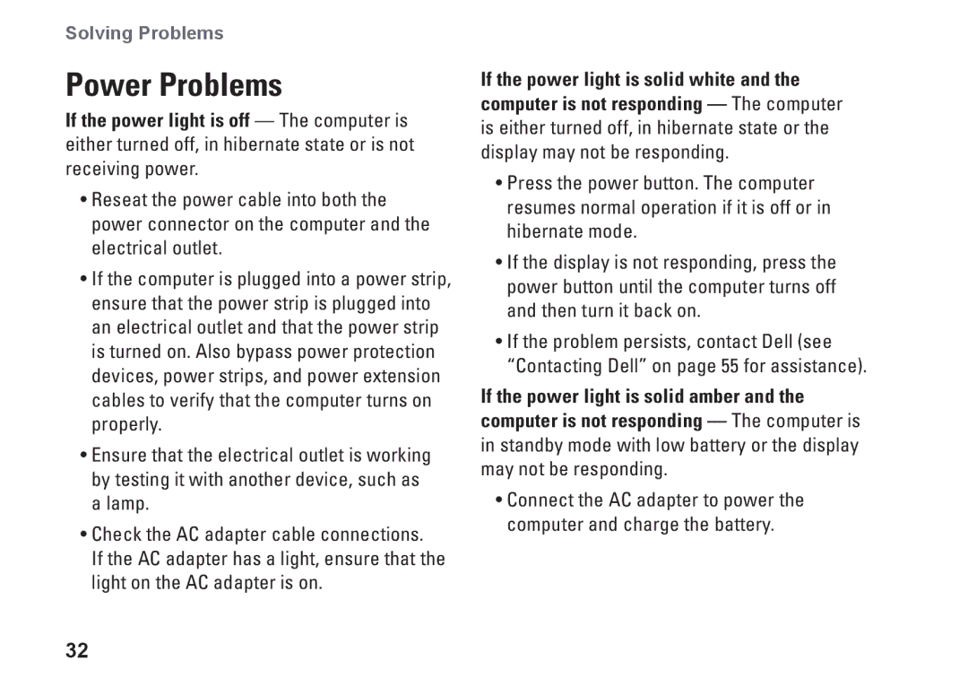 Dell P04S series, G374R setup guide Power Problems 