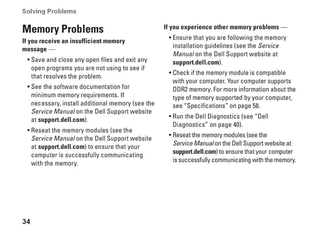 Dell P04S series Memory Problems, If you receive an insufficient memory message, If you experience other memory problems 