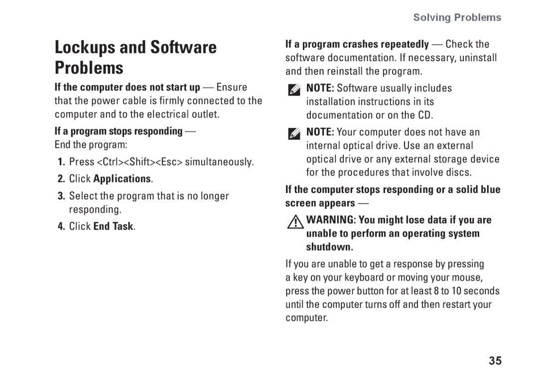 Dell G374R, P04S series setup guide If a program stops responding, Click Applications, Click End Task 