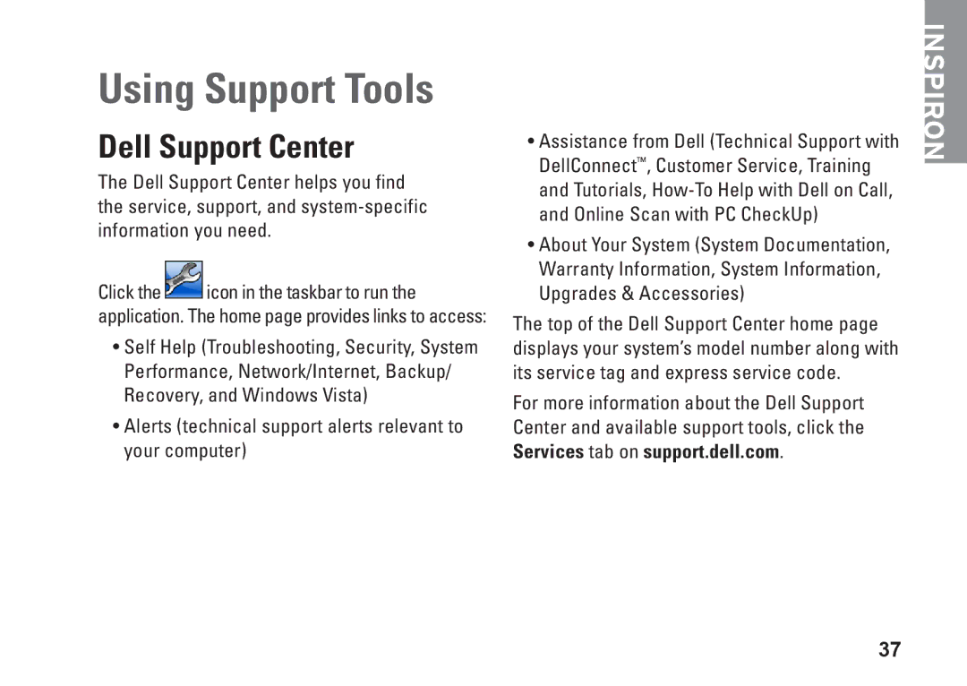 Dell G374R, P04S series setup guide Using Support Tools, Dell Support Center 