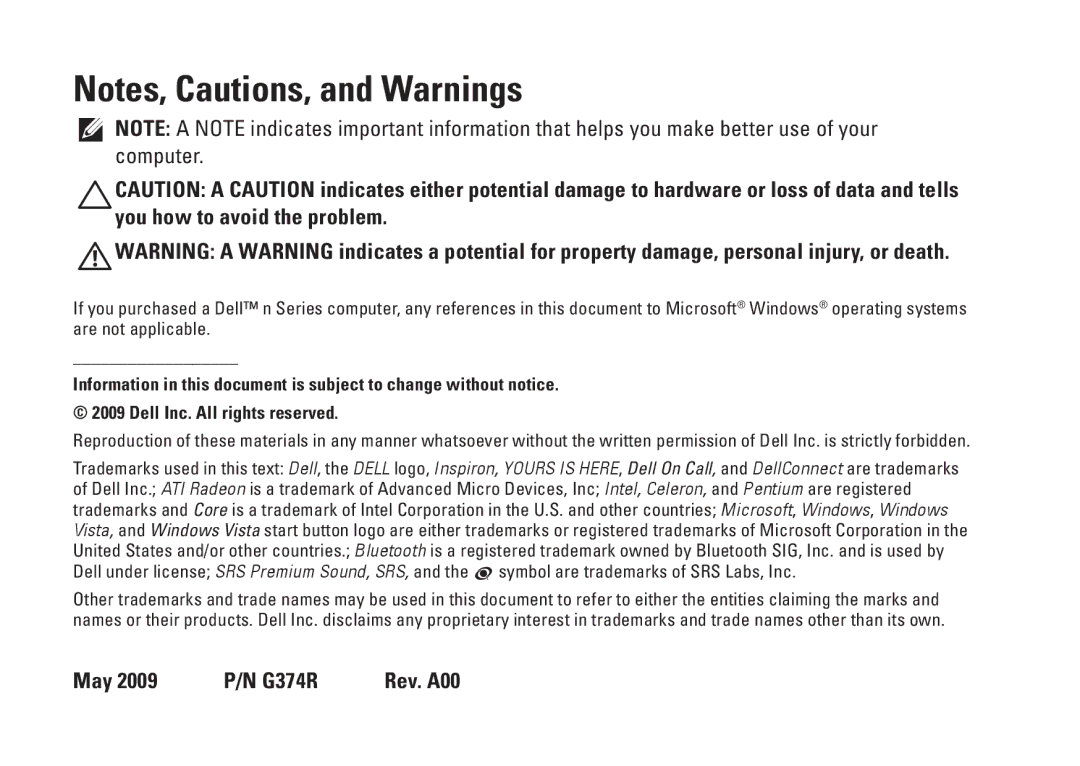 Dell P04S series setup guide May 2009 P/N G374R Rev. A00 