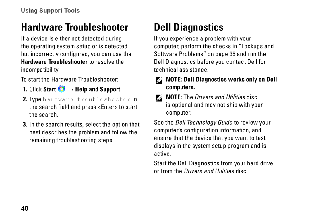 Dell P04S series, G374R setup guide Hardware Troubleshooter, Dell Diagnostics, Click Start → Help and Support 