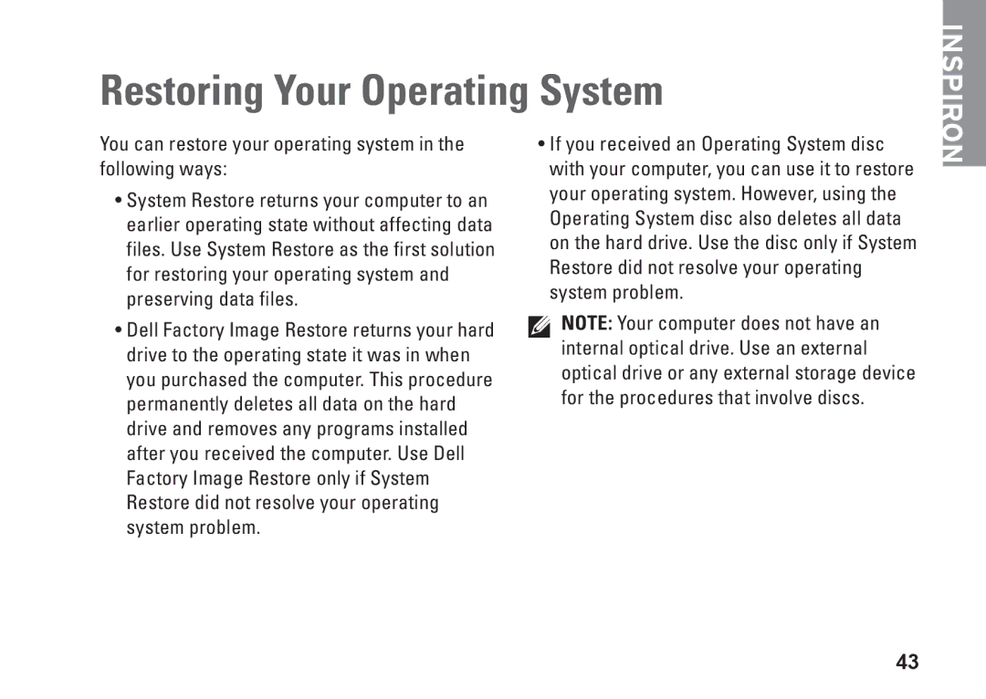 Dell G374R, P04S series setup guide Restoring Your Operating System 