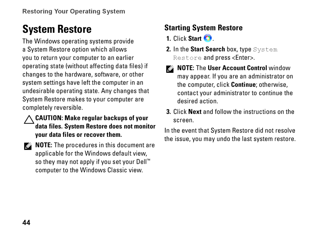 Dell P04S series, G374R setup guide Starting System Restore 