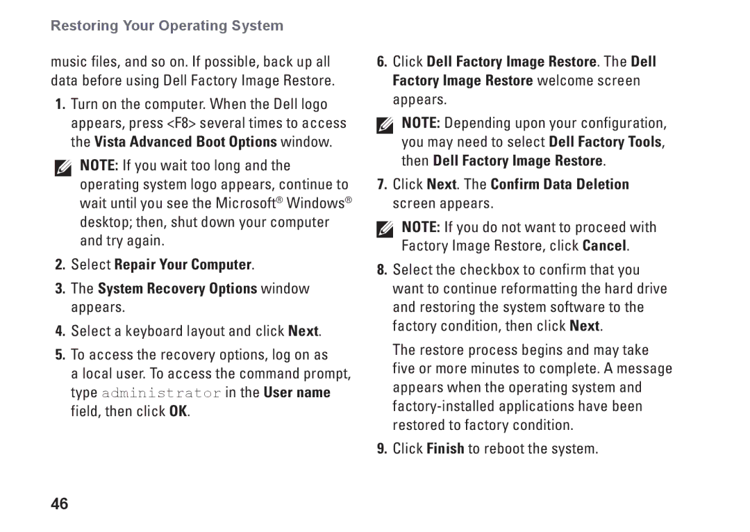 Dell P04S series, G374R setup guide Restoring Your Operating System 