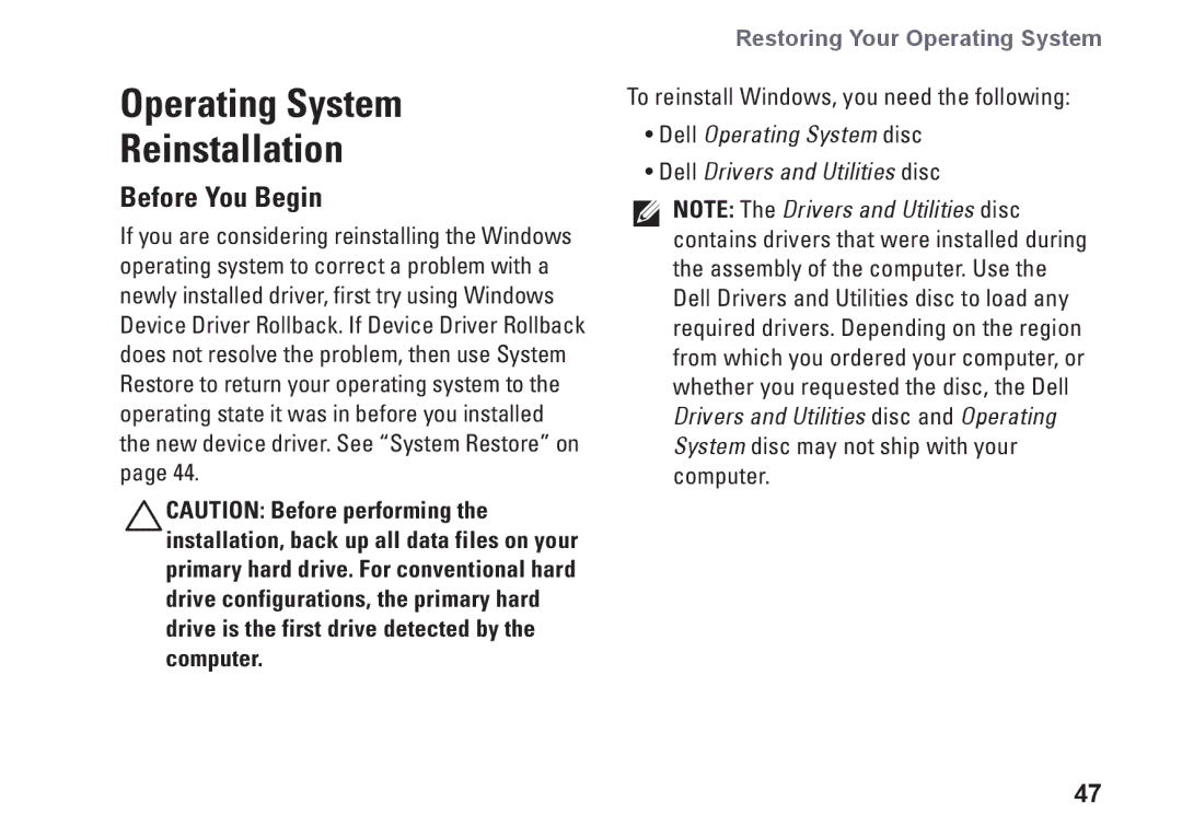 Dell G374R Operating System Reinstallation, Before You Begin, Dell Operating System disc Dell Drivers and Utilities disc 