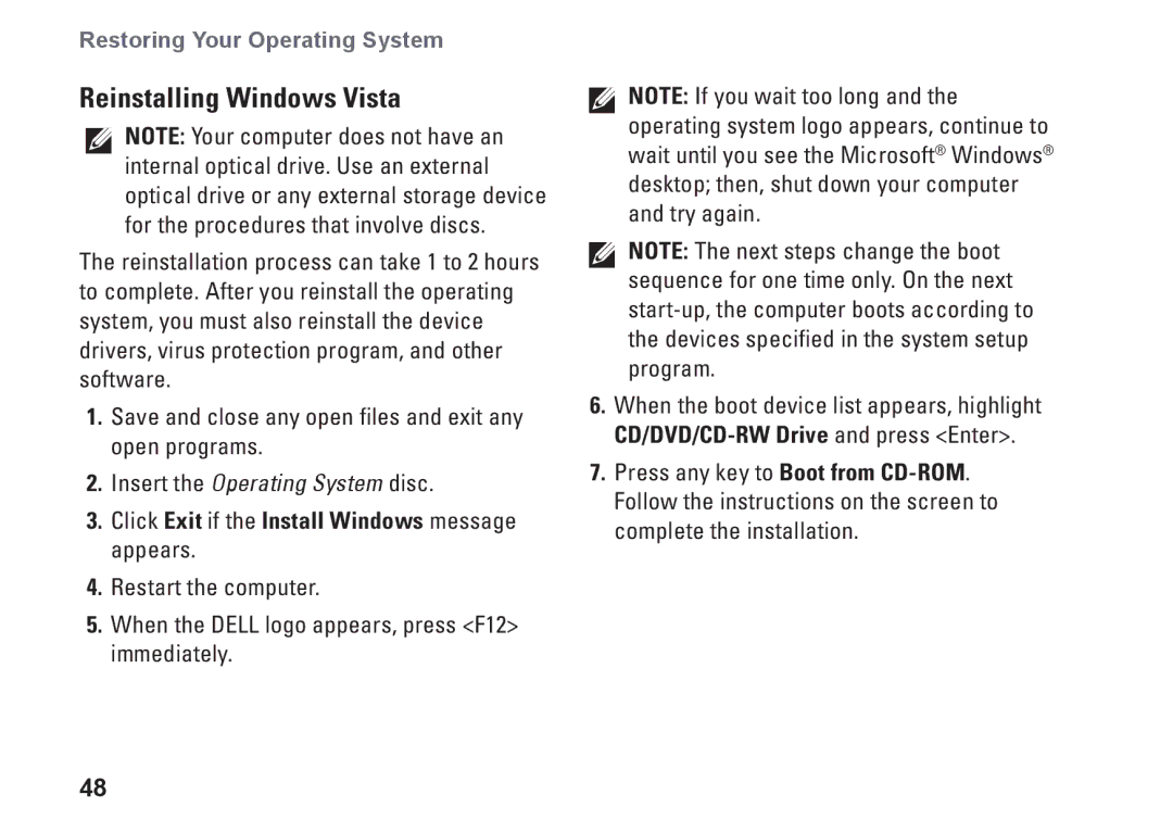 Dell P04S series, G374R setup guide Reinstalling Windows Vista, Insert the Operating System disc 