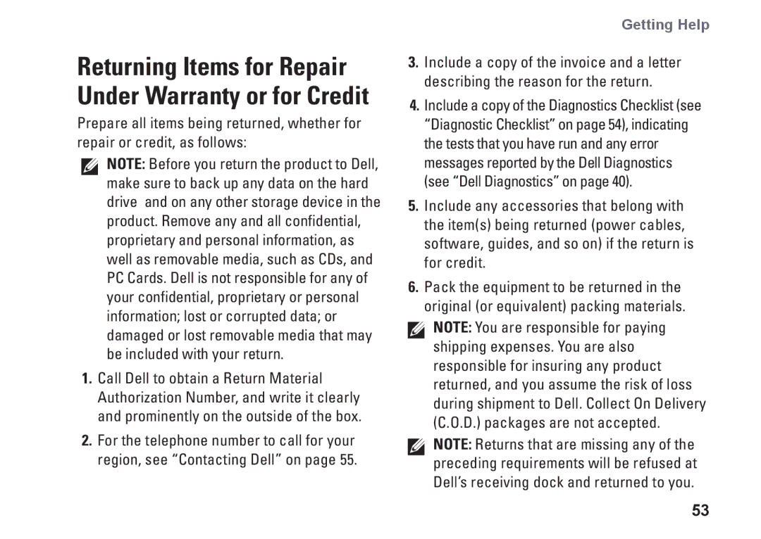 Dell G374R, P04S series setup guide Returning Items for Repair Under Warranty or for Credit 