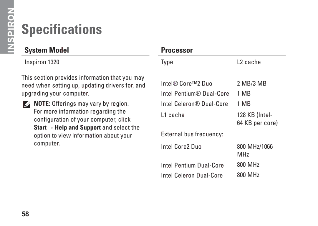 Dell P04S series, G374R setup guide Specifications, System Model, Processor 