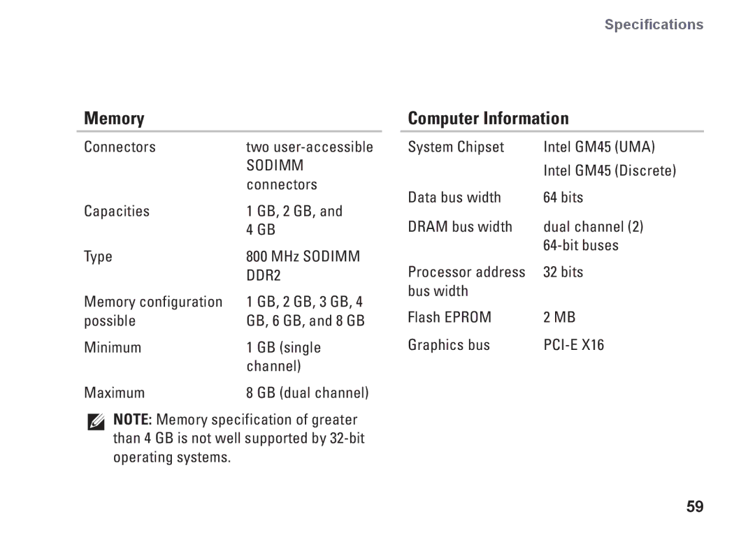 Dell G374R, P04S series setup guide Memory, Computer Information 