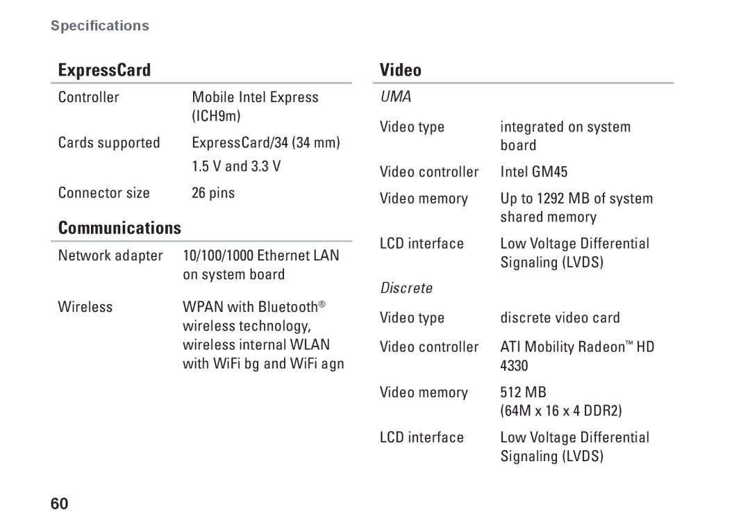 Dell P04S series, G374R setup guide ExpressCard, Communications, Video, Discrete 