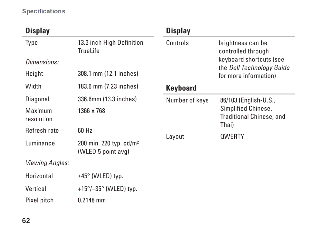 Dell P04S series, G374R setup guide Display, Keyboard, Dimensions, Viewing Angles 