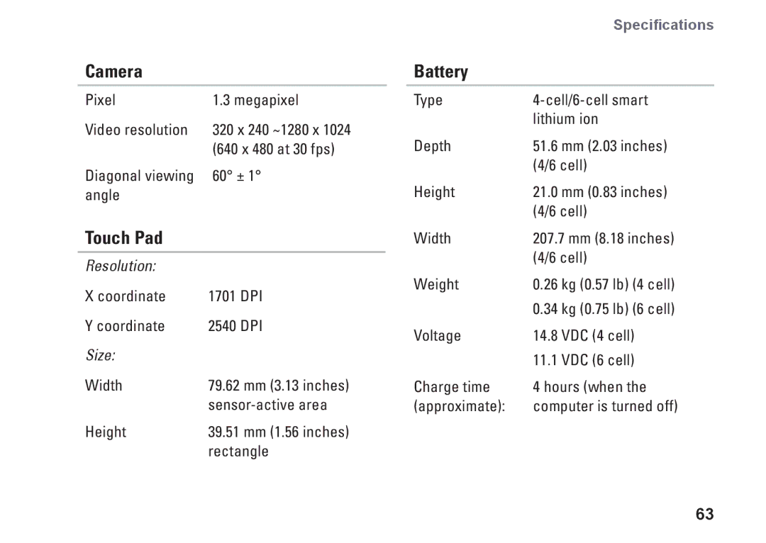 Dell G374R, P04S series setup guide Camera, Touch Pad, Battery, Resolution, Size 