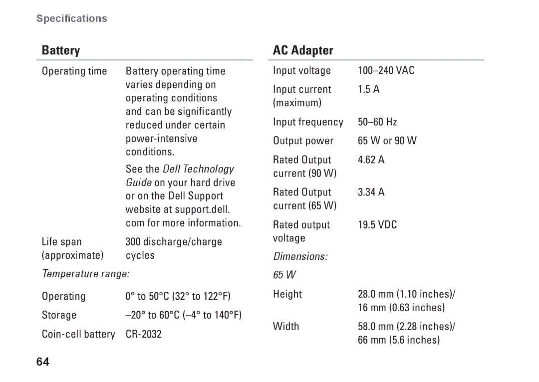 Dell P04S series, G374R setup guide AC Adapter, See the Dell Technology, Temperature range, Dimensions 65 W 