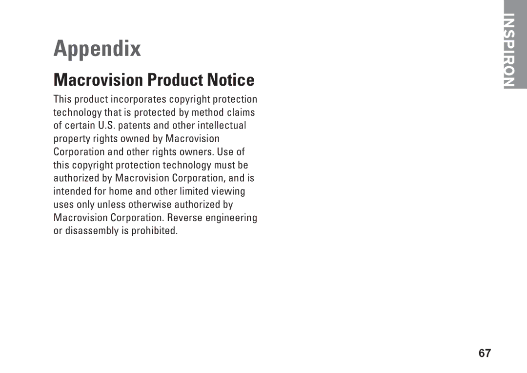 Dell G374R, P04S series setup guide Appendix, Macrovision Product Notice 