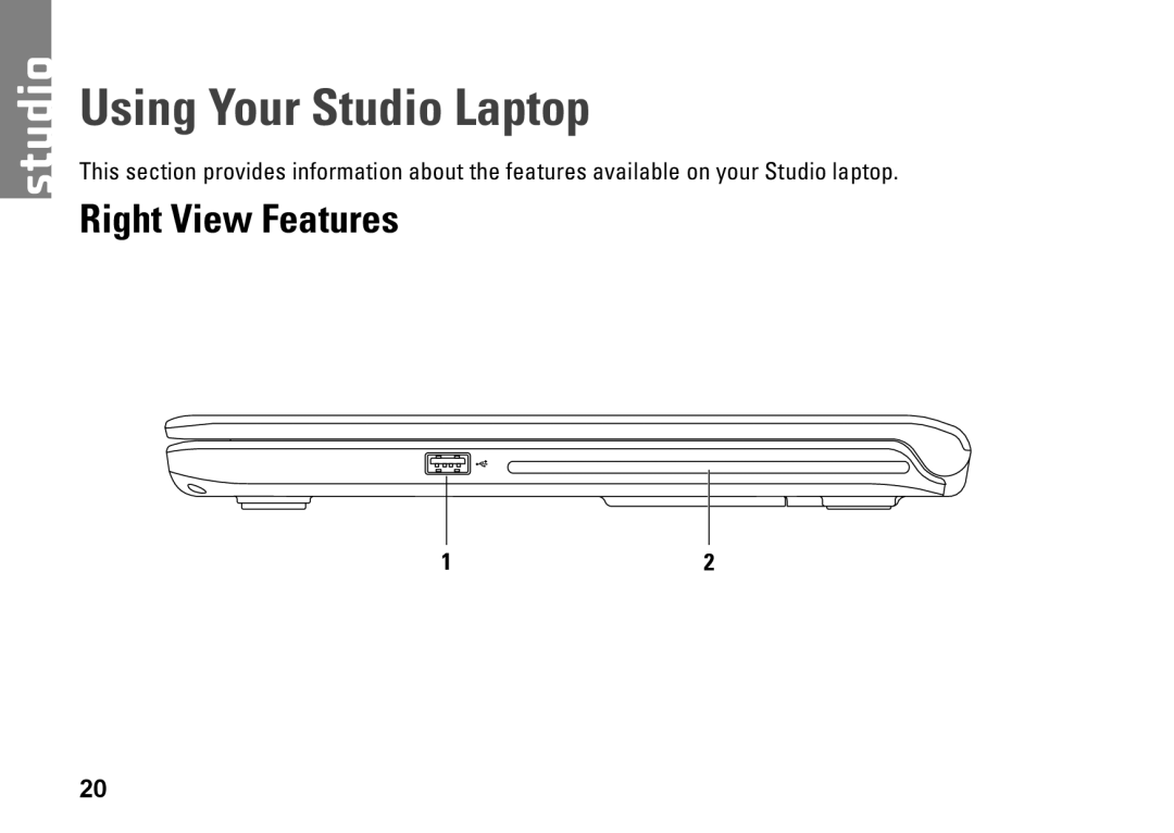 Dell P06F001 manual Using Your Studio Laptop, Right View Features 