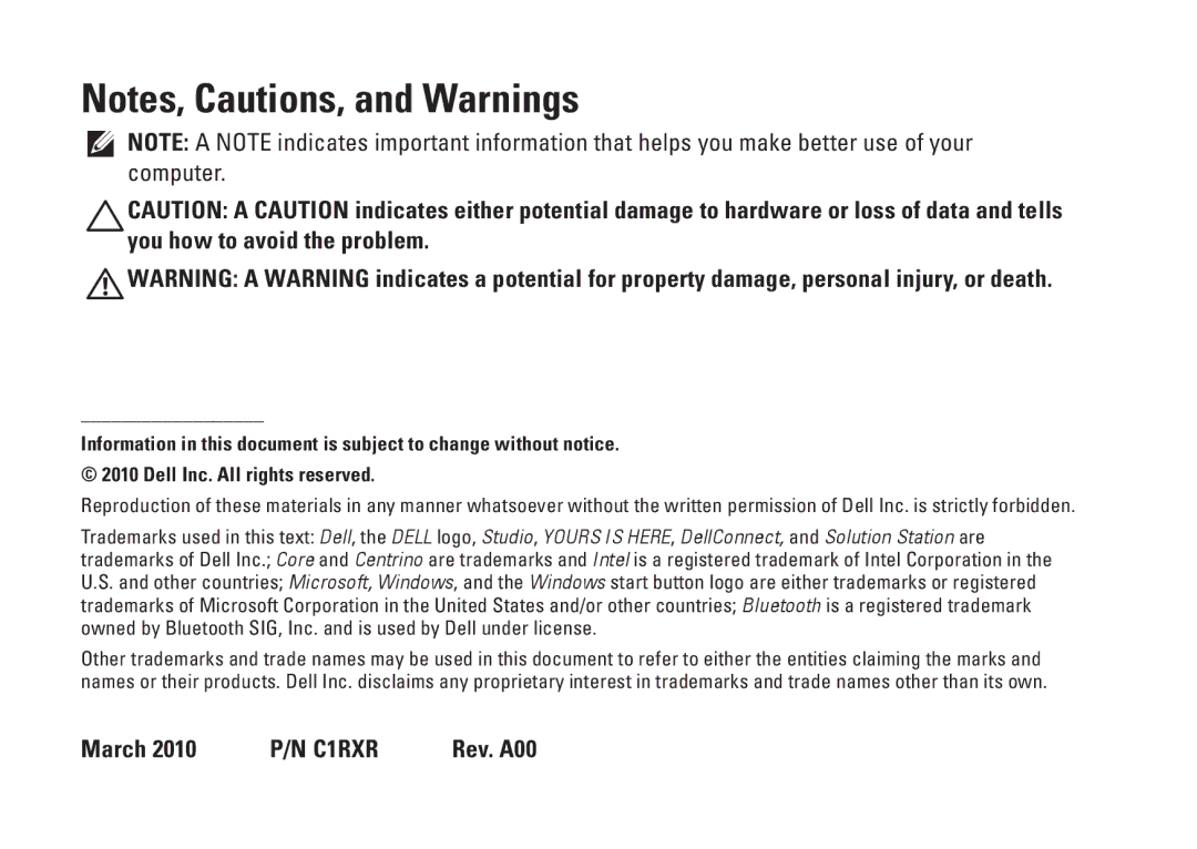 Dell P06F001 manual March 2010 P/N C1RXR Rev. A00 