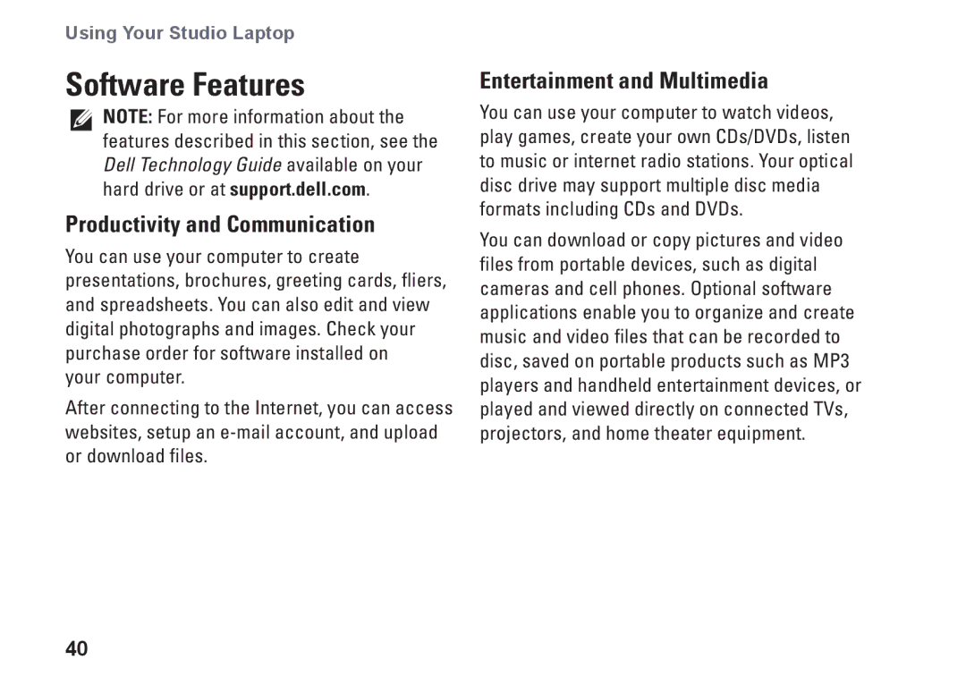 Dell P06F001 manual Software Features, Productivity and Communication, Entertainment and Multimedia 