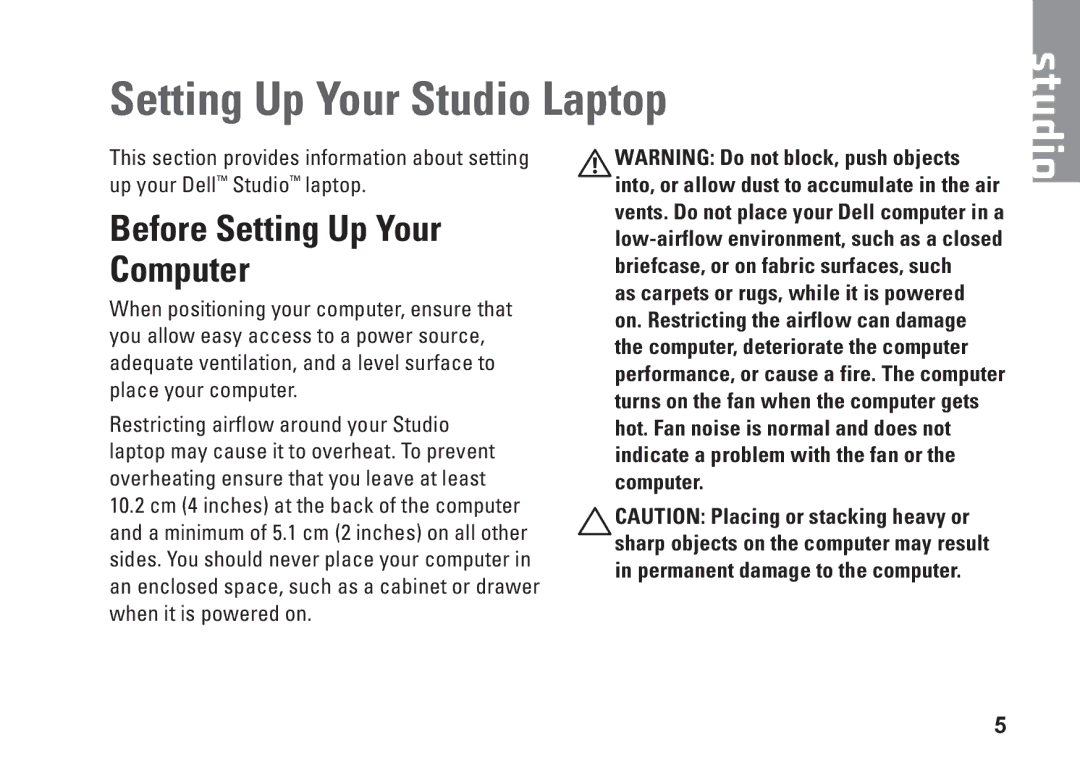 Dell P06F001 manual Setting Up Your Studio Laptop, Before Setting Up Your Computer 