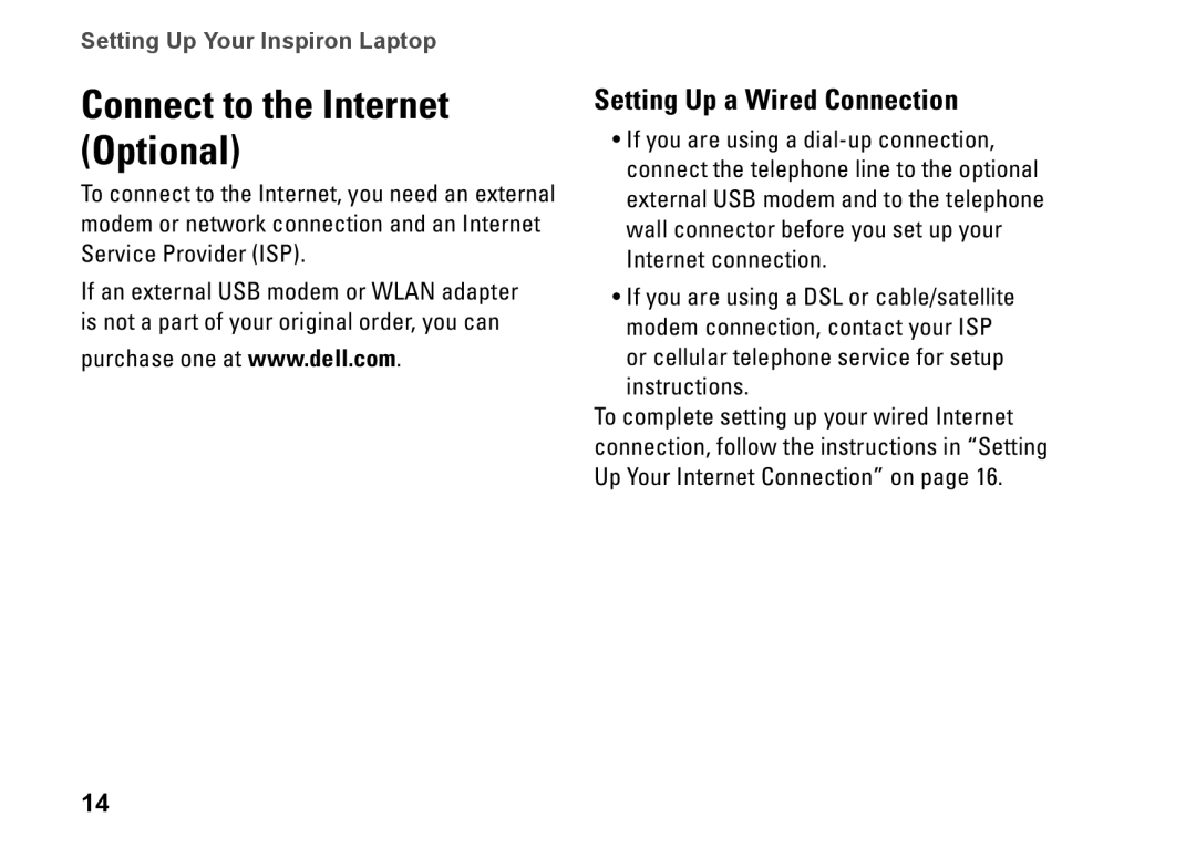 Dell P07G setup guide Connect to the Internet Optional, Setting Up a Wired Connection 