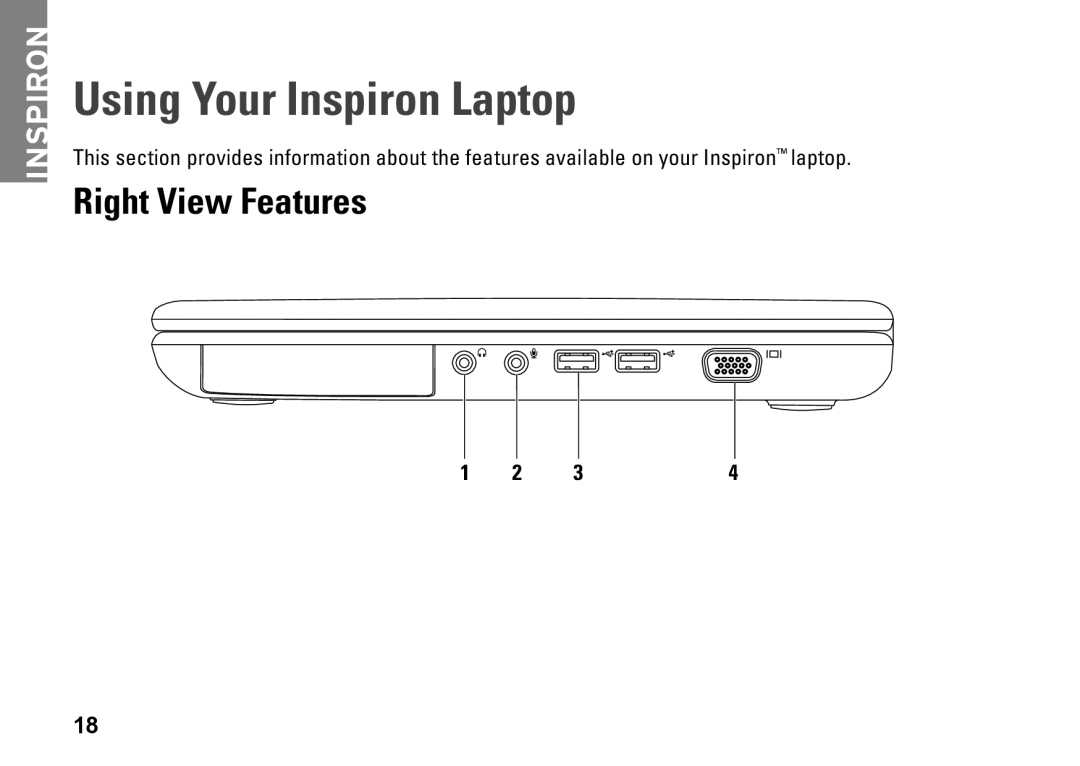 Dell P07G setup guide Using Your Inspiron Laptop, Right View Features 