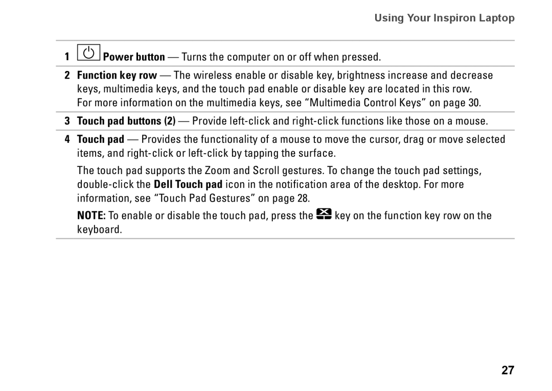 Dell P07G setup guide Power button Turns the computer on or off when pressed 