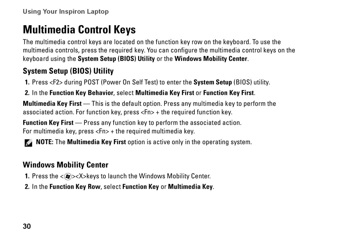 Dell P07G setup guide Multimedia Control Keys, System Setup Bios Utility, Windows Mobility Center 