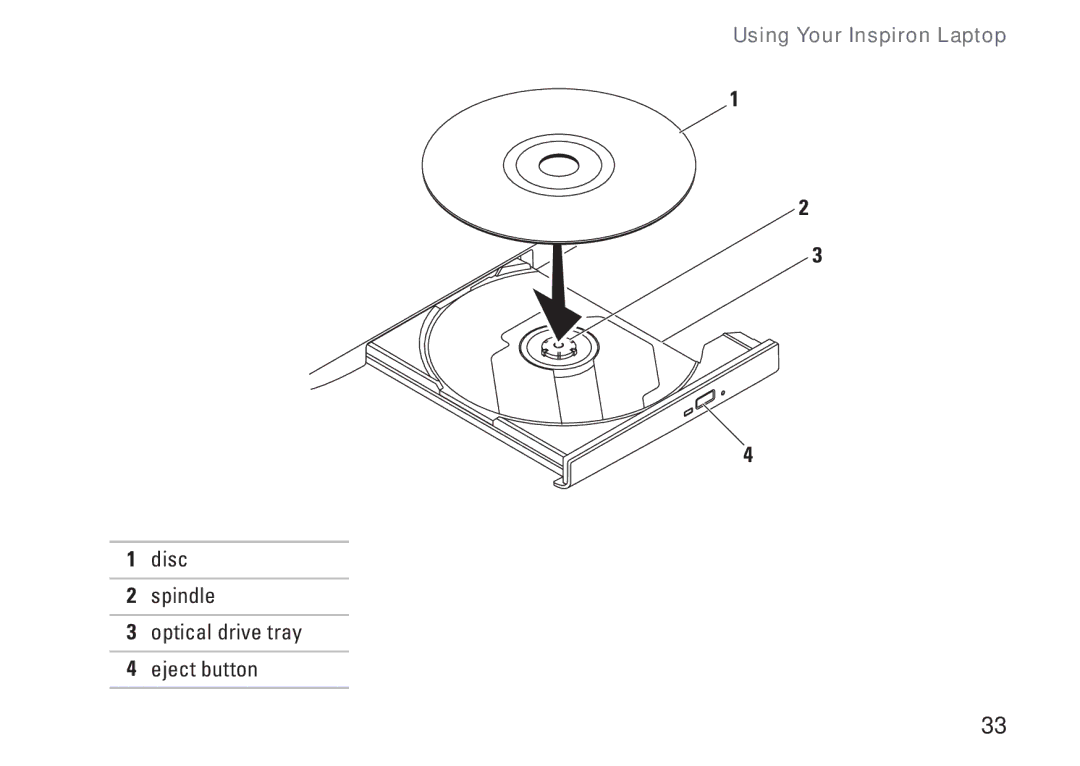 Dell P07G setup guide Disc Spindle Optical drive tray Eject button 