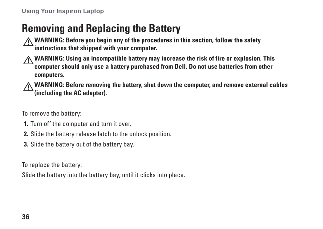 Dell P07G setup guide Removing and Replacing the Battery 