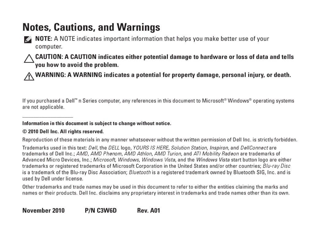 Dell P07G setup guide November 2010 P/N C3W6D Rev. A01 