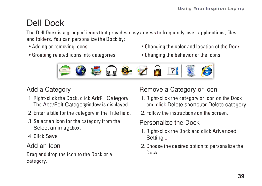 Dell P07G setup guide Dell Dock, Add a Category, Add an Icon, Remove a Category or Icon, Personalize the Dock 