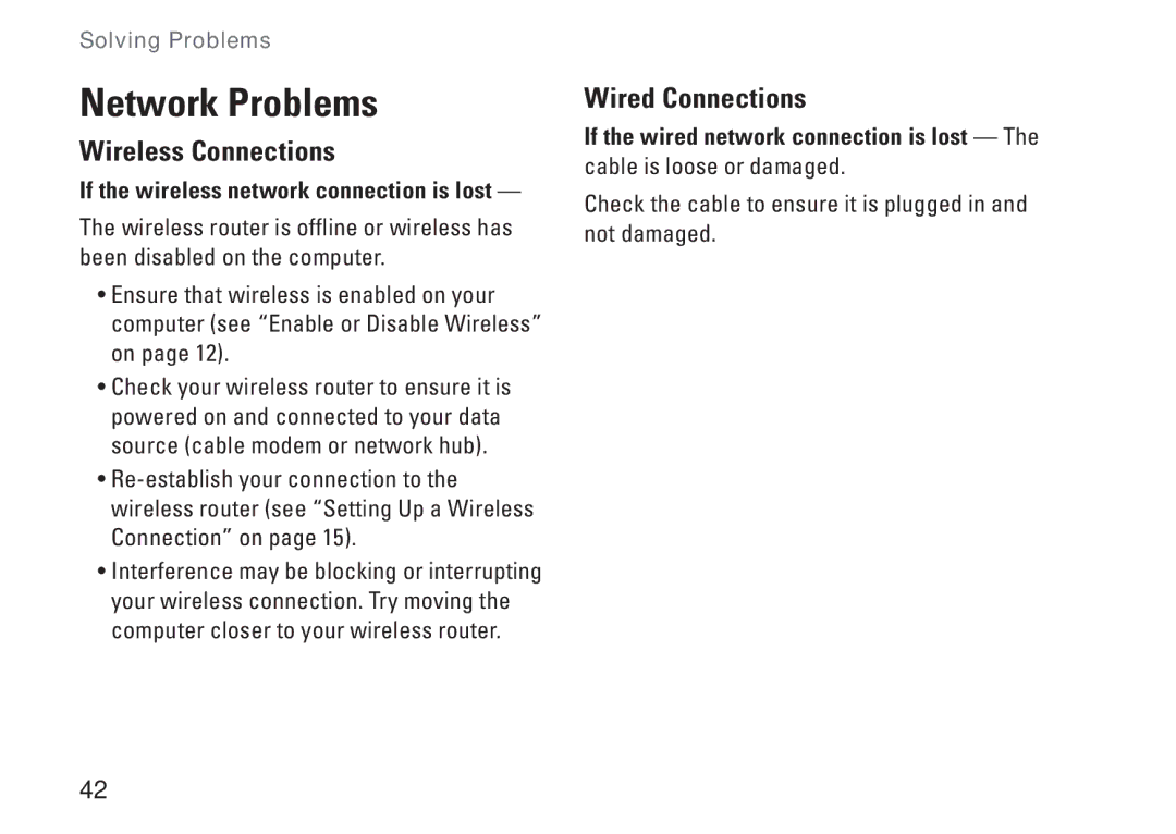 Dell P07G setup guide Network Problems, Wireless Connections, Wired Connections 