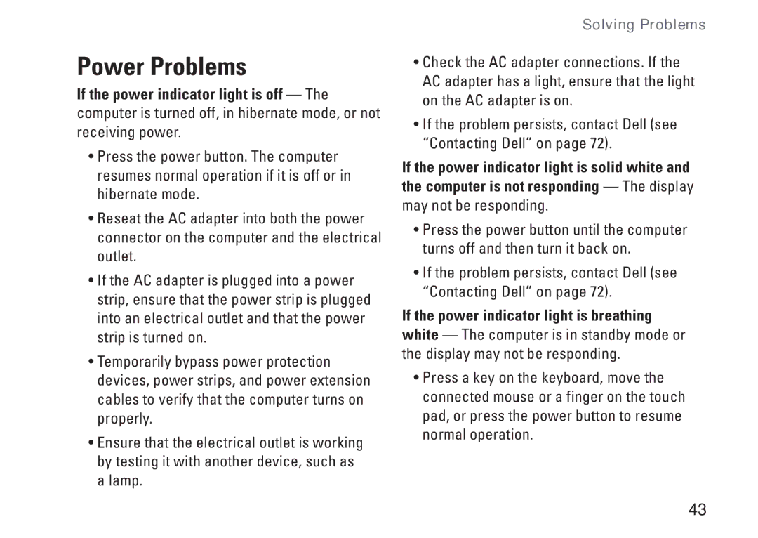 Dell P07G setup guide Power Problems 