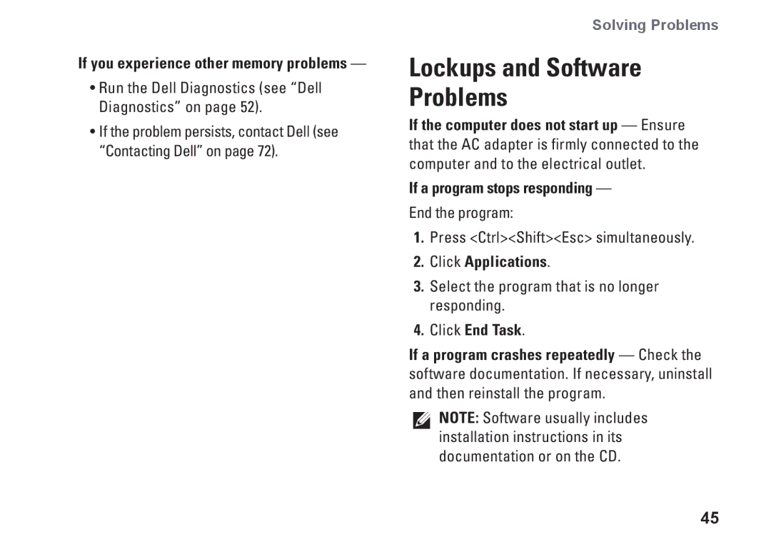 Dell P07G setup guide If a program stops responding, Click Applications 