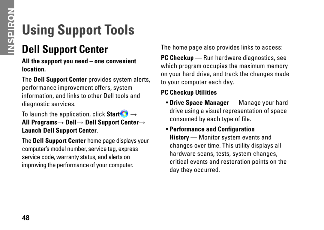 Dell P07G setup guide Using Support Tools, Dell Support Center, All the support you need one convenient location 