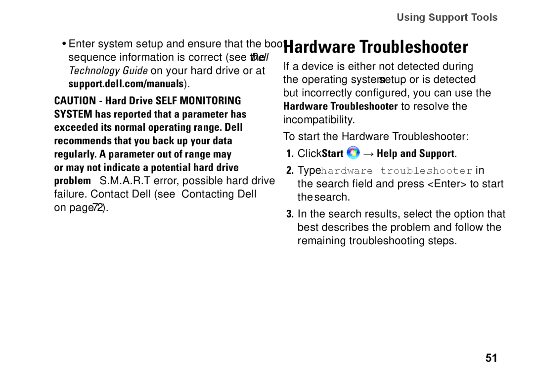 Dell P07G setup guide Hardware Troubleshooter, Click Start → Help and Support 